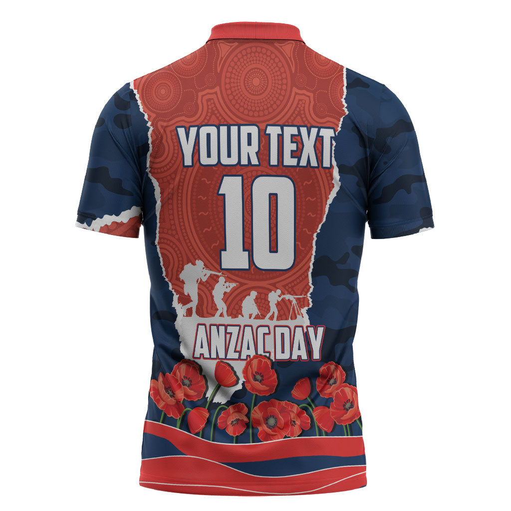 Personalized Sydney Roosters ANZAC Tribute Zipper Polo Shirt Poppy Field Soldier Silhouette Aboriginal Rugby Mascot
