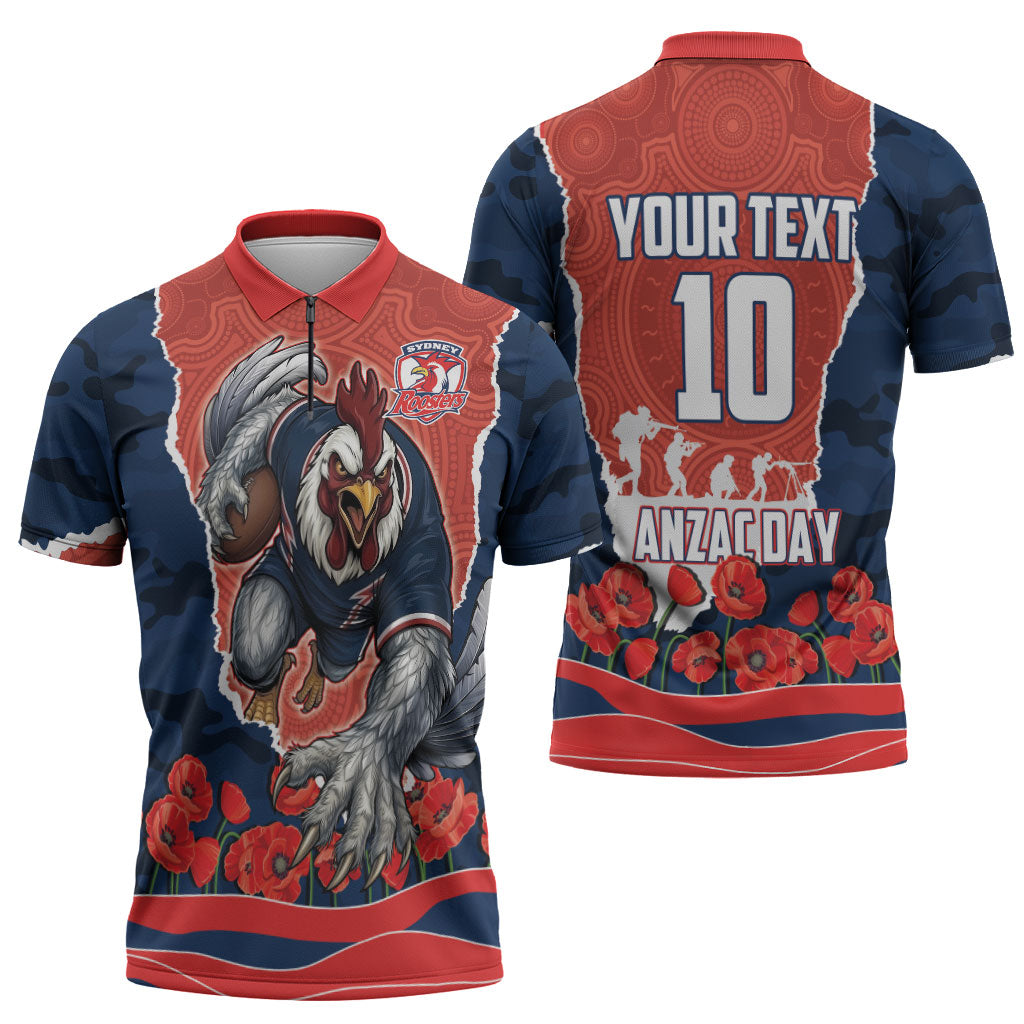 Personalized Sydney Roosters ANZAC Tribute Zipper Polo Shirt Poppy Field Soldier Silhouette Aboriginal Rugby Mascot