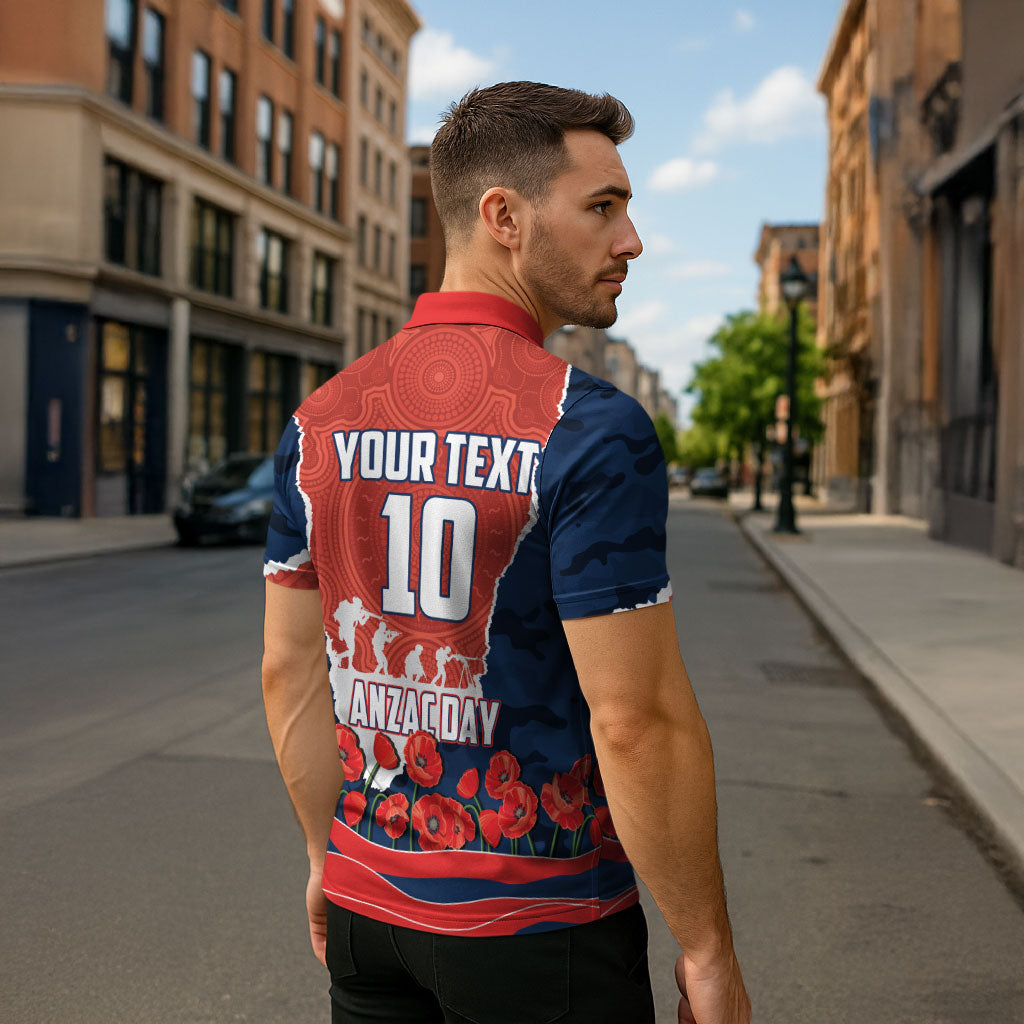 Personalized Sydney Roosters ANZAC Tribute Zipper Polo Shirt Poppy Field Soldier Silhouette Aboriginal Rugby Mascot