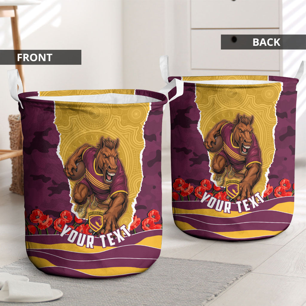 Personalized Brisbane Broncos ANZAC Tribute Laundry Basket Poppy Field Soldier Silhouette Aboriginal Rugby Mascot