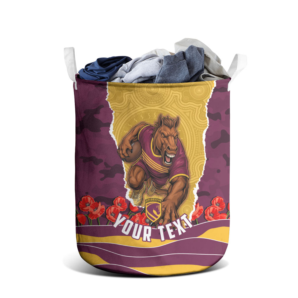 Personalized Brisbane Broncos ANZAC Tribute Laundry Basket Poppy Field Soldier Silhouette Aboriginal Rugby Mascot