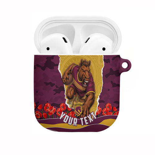 Personalized Brisbane Broncos ANZAC Tribute AirPods Case Poppy Field Soldier Silhouette Aboriginal Rugby Mascot