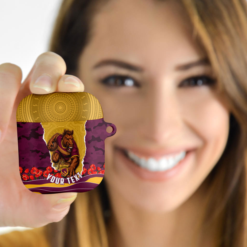 Personalized Brisbane Broncos ANZAC Tribute AirPods Case Poppy Field Soldier Silhouette Aboriginal Rugby Mascot