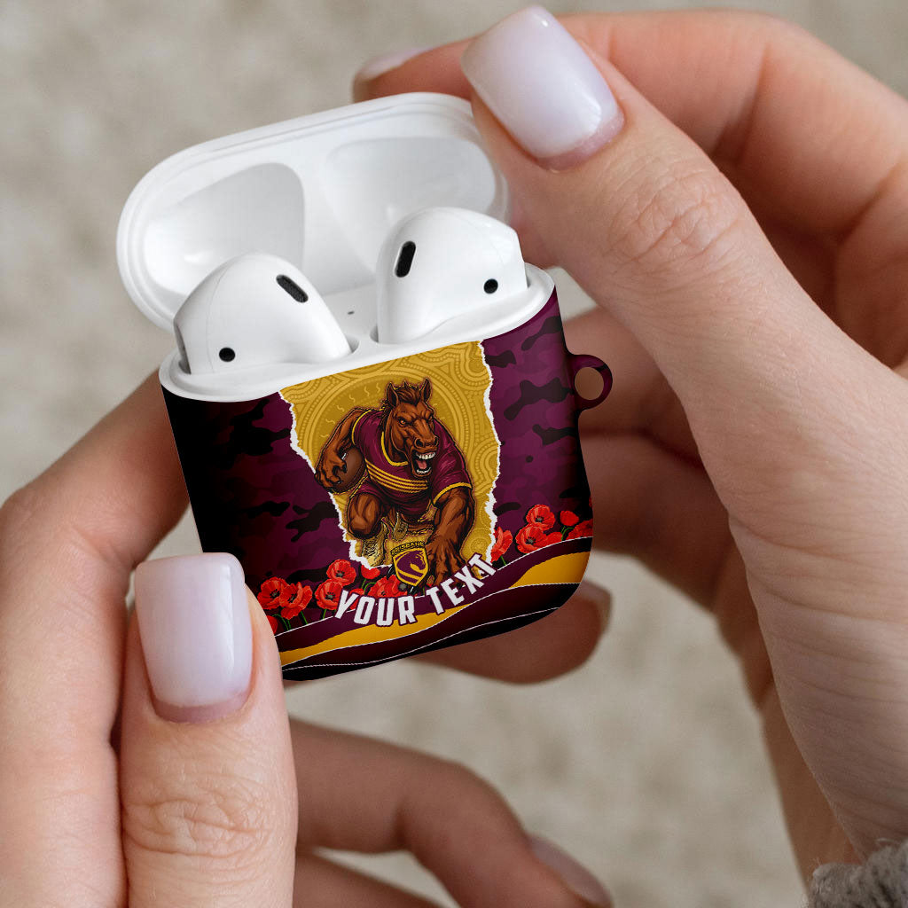 Personalized Brisbane Broncos ANZAC Tribute AirPods Case Poppy Field Soldier Silhouette Aboriginal Rugby Mascot