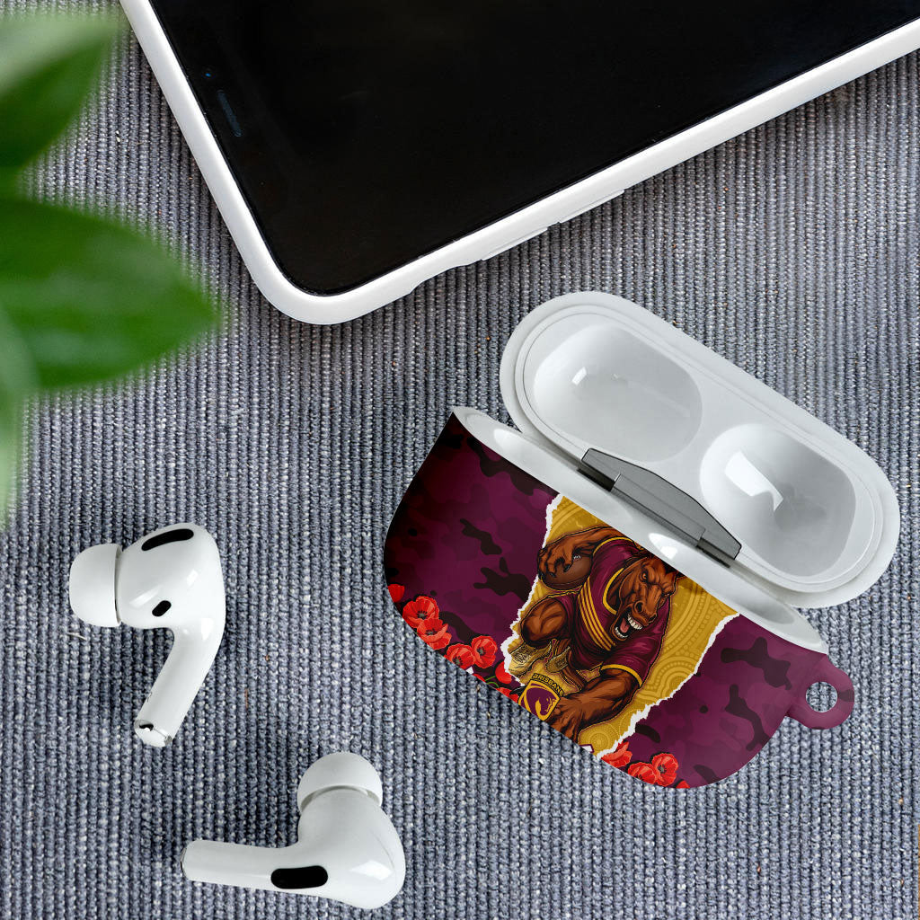 Personalized Brisbane Broncos ANZAC Tribute AirPods Case Poppy Field Soldier Silhouette Aboriginal Rugby Mascot