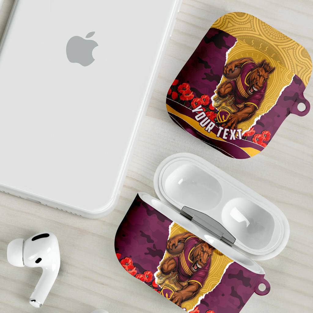 Personalized Brisbane Broncos ANZAC Tribute AirPods Case Poppy Field Soldier Silhouette Aboriginal Rugby Mascot