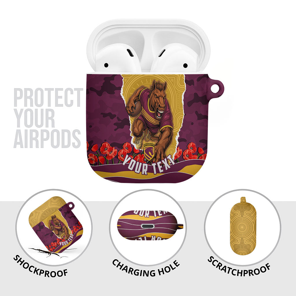 Personalized Brisbane Broncos ANZAC Tribute AirPods Case Poppy Field Soldier Silhouette Aboriginal Rugby Mascot