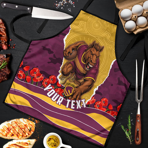 Personalized Brisbane Broncos ANZAC Tribute Apron Poppy Field Soldier Silhouette Aboriginal Rugby Mascot