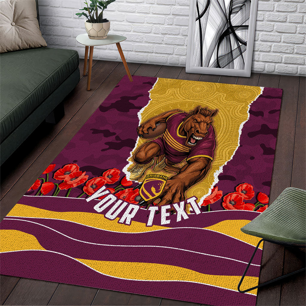 Personalized Brisbane Broncos ANZAC Tribute Area Rug Poppy Field Soldier Silhouette Aboriginal Rugby Mascot
