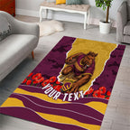 Personalized Brisbane Broncos ANZAC Tribute Area Rug Poppy Field Soldier Silhouette Aboriginal Rugby Mascot