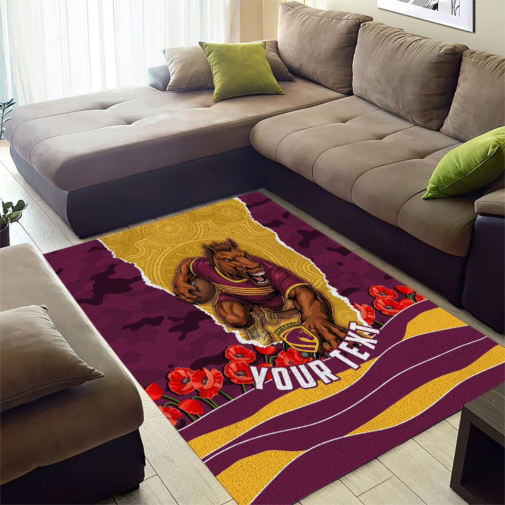 Personalized Brisbane Broncos ANZAC Tribute Area Rug Poppy Field Soldier Silhouette Aboriginal Rugby Mascot