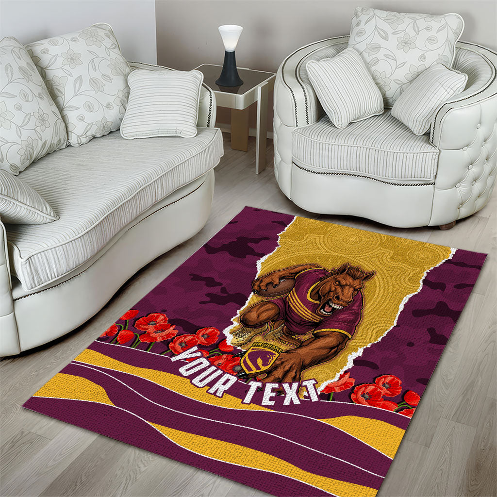 Personalized Brisbane Broncos ANZAC Tribute Area Rug Poppy Field Soldier Silhouette Aboriginal Rugby Mascot