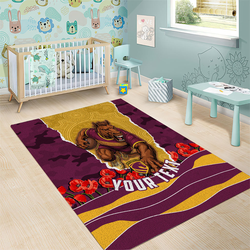 Personalized Brisbane Broncos ANZAC Tribute Area Rug Poppy Field Soldier Silhouette Aboriginal Rugby Mascot