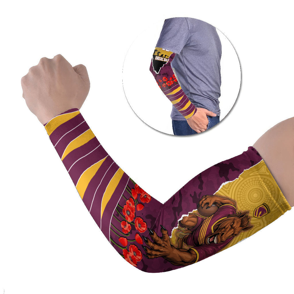 Personalized Brisbane Broncos ANZAC Tribute Arm Sleeves Poppy Field Soldier Silhouette Aboriginal Rugby Mascot