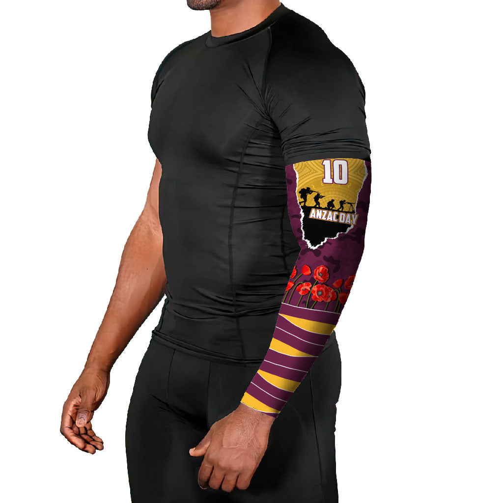 Personalized Brisbane Broncos ANZAC Tribute Arm Sleeves Poppy Field Soldier Silhouette Aboriginal Rugby Mascot