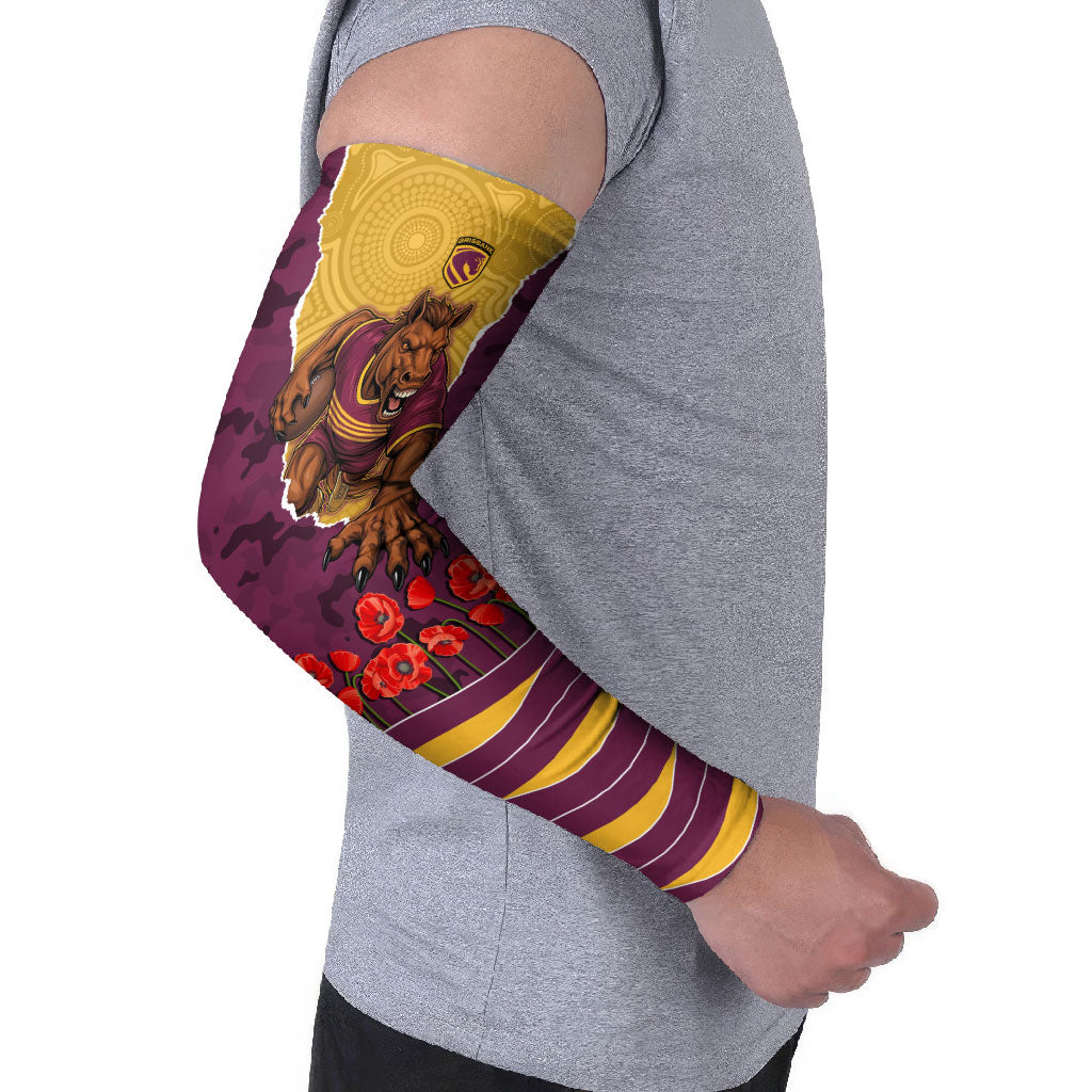Personalized Brisbane Broncos ANZAC Tribute Arm Sleeves Poppy Field Soldier Silhouette Aboriginal Rugby Mascot