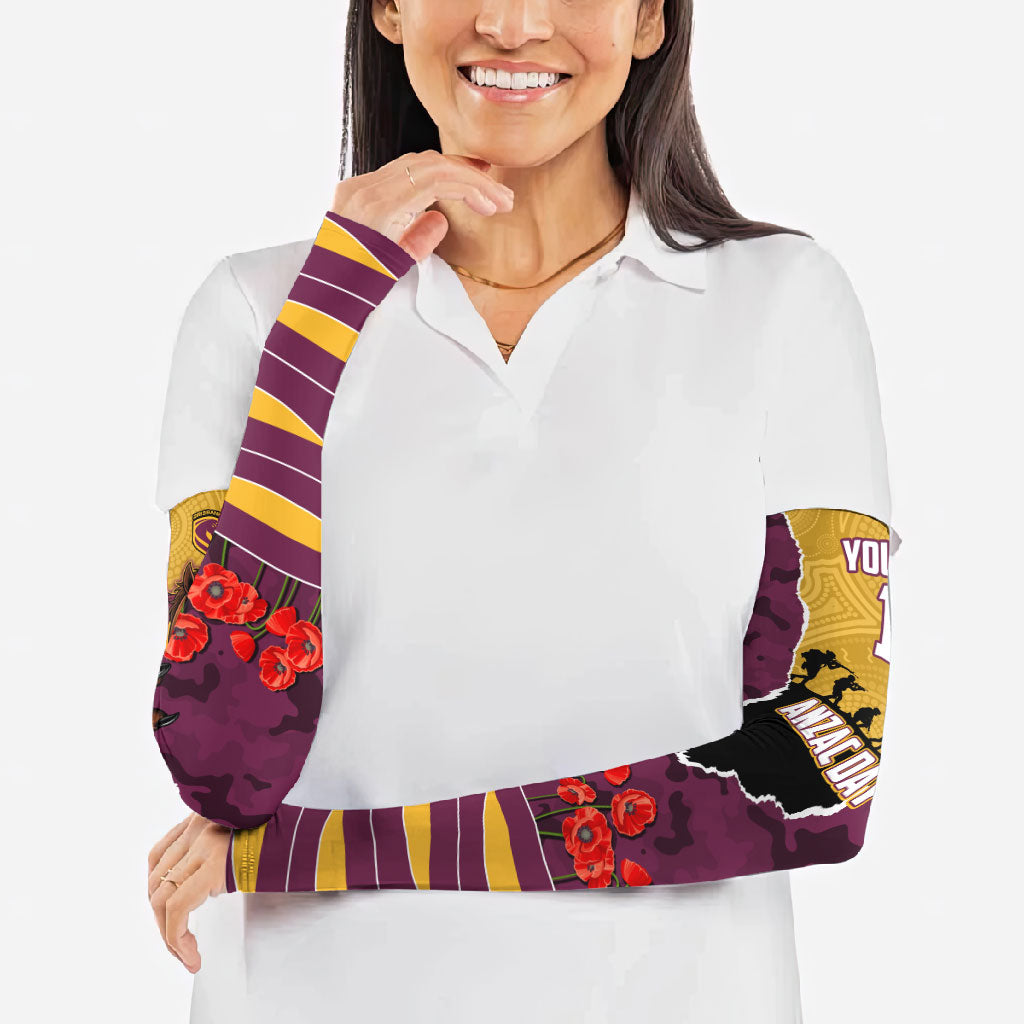 Personalized Brisbane Broncos ANZAC Tribute Arm Sleeves Poppy Field Soldier Silhouette Aboriginal Rugby Mascot