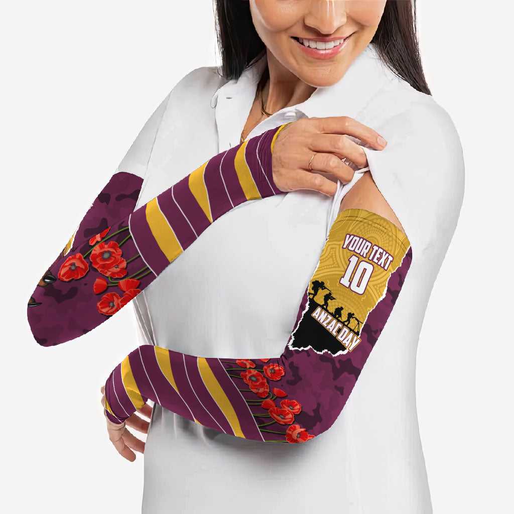 Personalized Brisbane Broncos ANZAC Tribute Arm Sleeves Poppy Field Soldier Silhouette Aboriginal Rugby Mascot