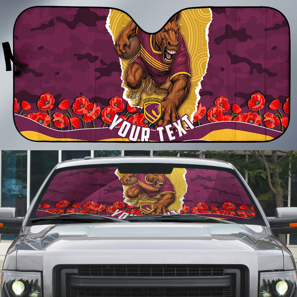 Personalized Brisbane Broncos ANZAC Tribute Auto Sun Shade Poppy Field Soldier Silhouette Aboriginal Rugby Mascot