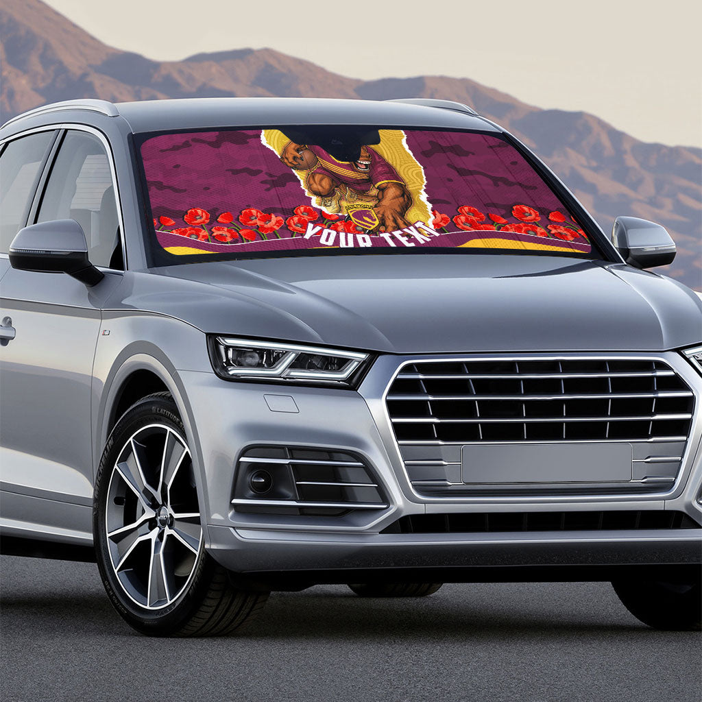 Personalized Brisbane Broncos ANZAC Tribute Auto Sun Shade Poppy Field Soldier Silhouette Aboriginal Rugby Mascot