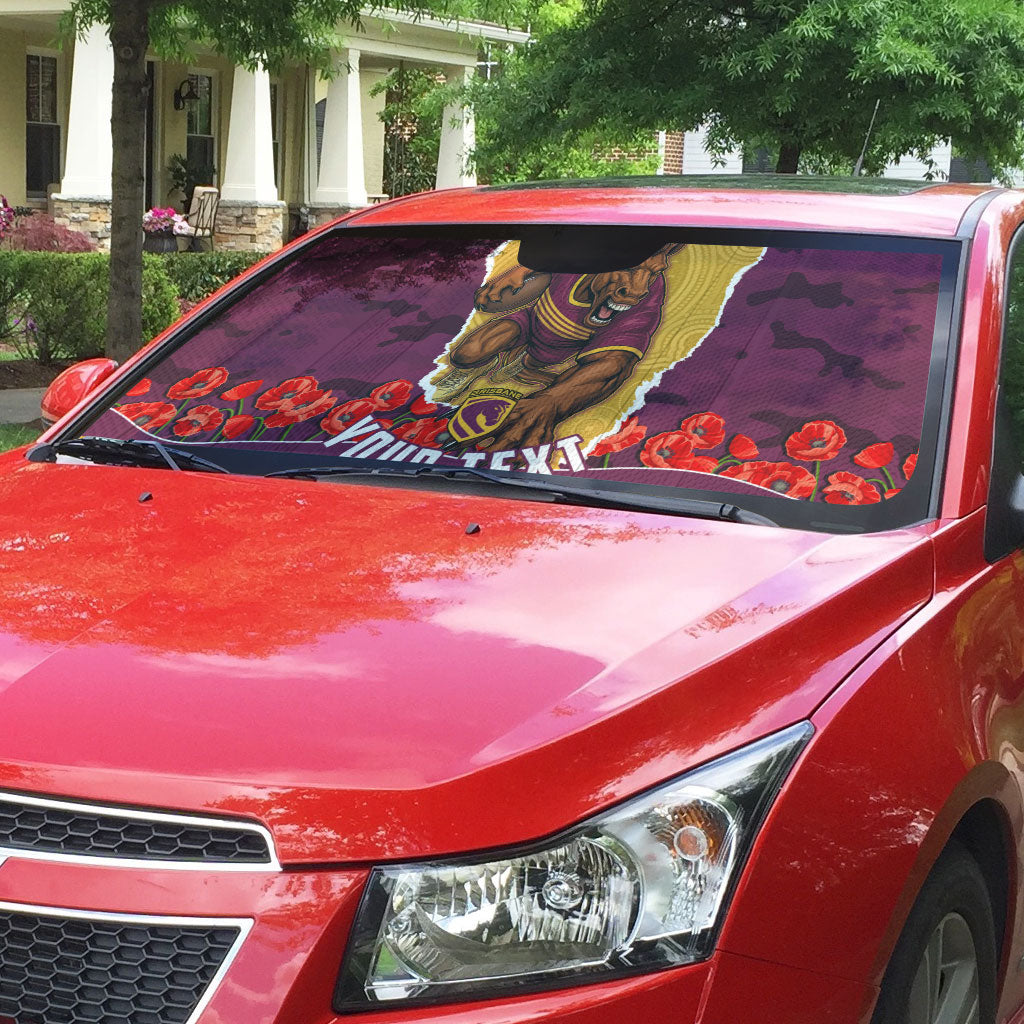 Personalized Brisbane Broncos ANZAC Tribute Auto Sun Shade Poppy Field Soldier Silhouette Aboriginal Rugby Mascot