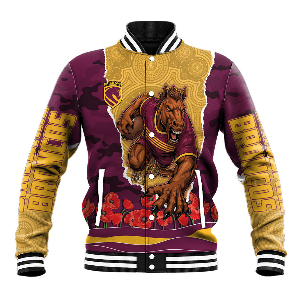 Personalized Brisbane Broncos ANZAC Tribute Baseball Jacket Poppy Field Soldier Silhouette Aboriginal Rugby Mascot