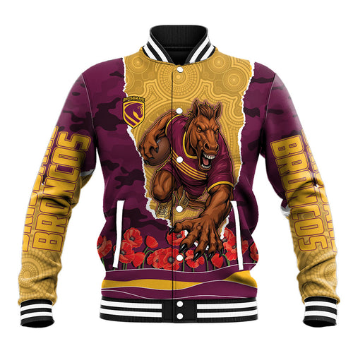 Personalized Brisbane Broncos ANZAC Tribute Baseball Jacket Poppy Field Soldier Silhouette Aboriginal Rugby Mascot