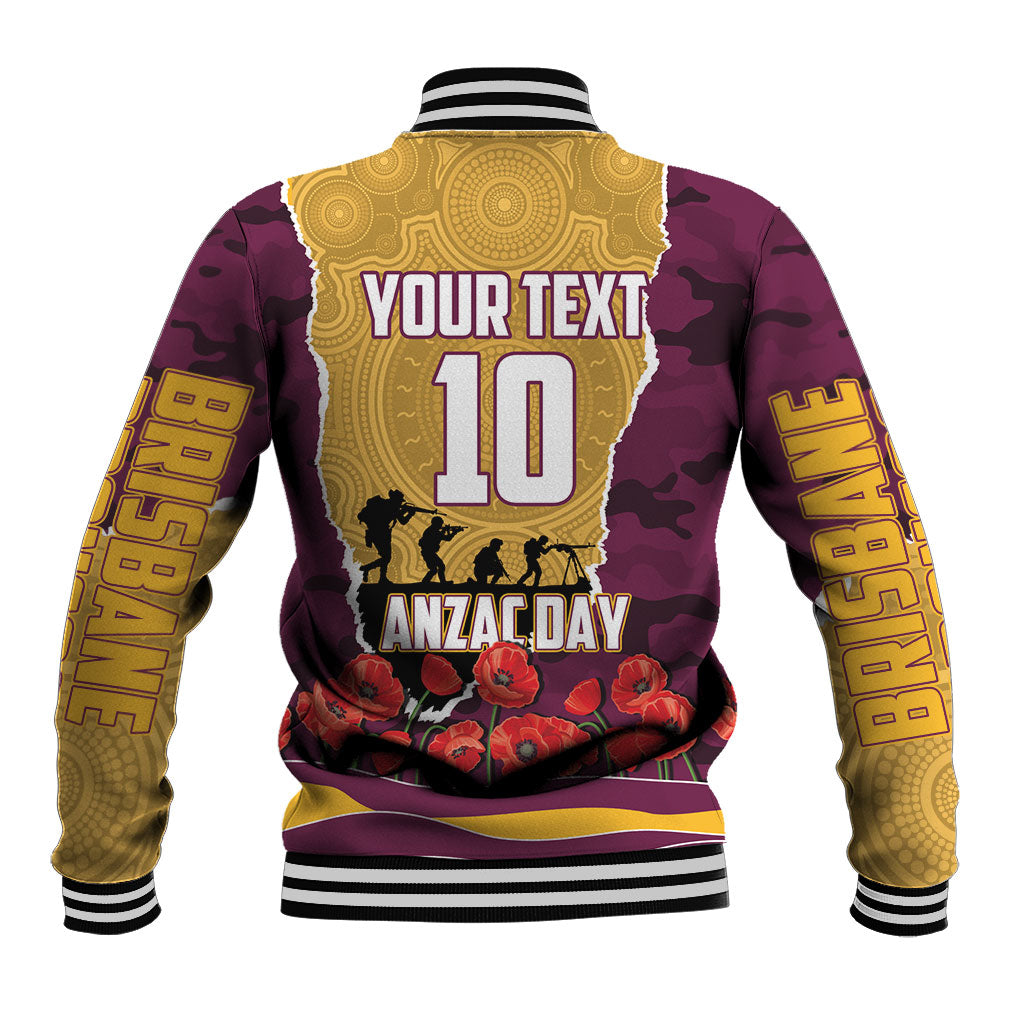 Personalized Brisbane Broncos ANZAC Tribute Baseball Jacket Poppy Field Soldier Silhouette Aboriginal Rugby Mascot