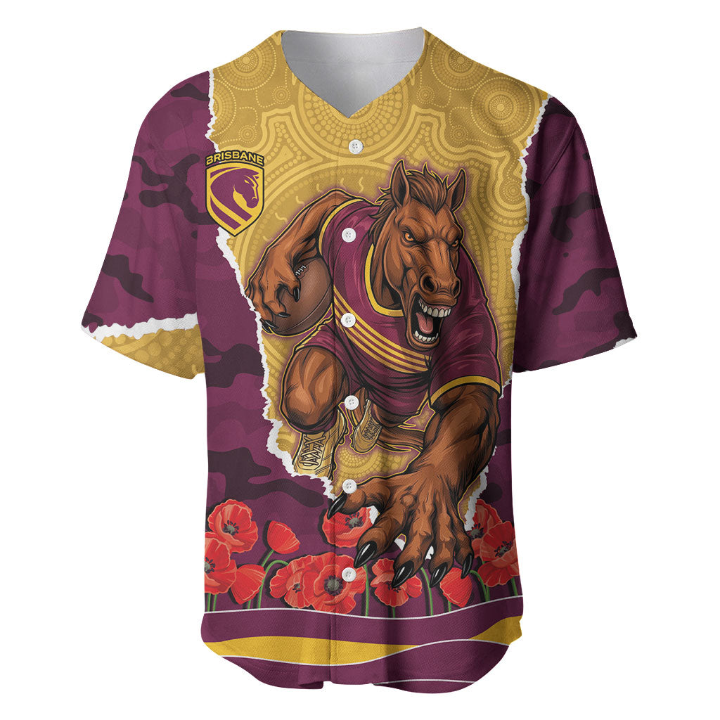 Personalized Brisbane Broncos ANZAC Tribute Baseball Jersey Poppy Field Soldier Silhouette Aboriginal Rugby Mascot