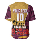 Personalized Brisbane Broncos ANZAC Tribute Baseball Jersey Poppy Field Soldier Silhouette Aboriginal Rugby Mascot