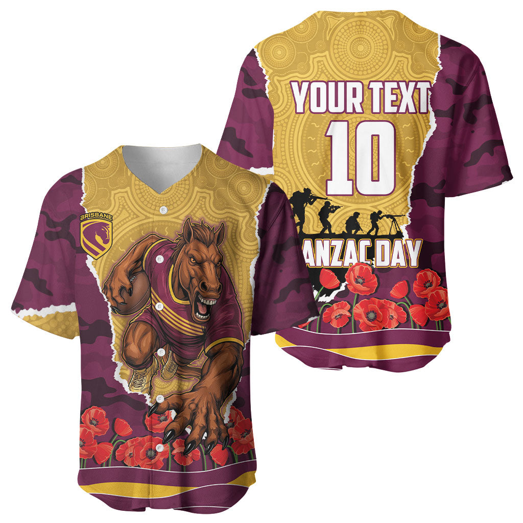 Personalized Brisbane Broncos ANZAC Tribute Baseball Jersey Poppy Field Soldier Silhouette Aboriginal Rugby Mascot