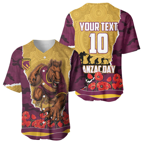 Personalized Brisbane Broncos ANZAC Tribute Baseball Jersey Poppy Field Soldier Silhouette Aboriginal Rugby Mascot