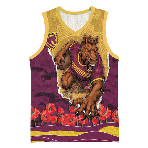 Personalized Brisbane Broncos ANZAC Tribute Basketball Jersey Poppy Field Soldier Silhouette Aboriginal Rugby Mascot