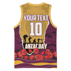 Personalized Brisbane Broncos ANZAC Tribute Basketball Jersey Poppy Field Soldier Silhouette Aboriginal Rugby Mascot