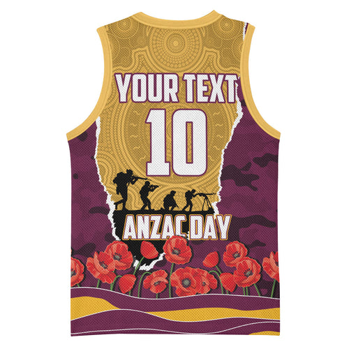 Personalized Brisbane Broncos ANZAC Tribute Basketball Jersey Poppy Field Soldier Silhouette Aboriginal Rugby Mascot