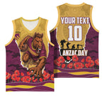 Personalized Brisbane Broncos ANZAC Tribute Basketball Jersey Poppy Field Soldier Silhouette Aboriginal Rugby Mascot