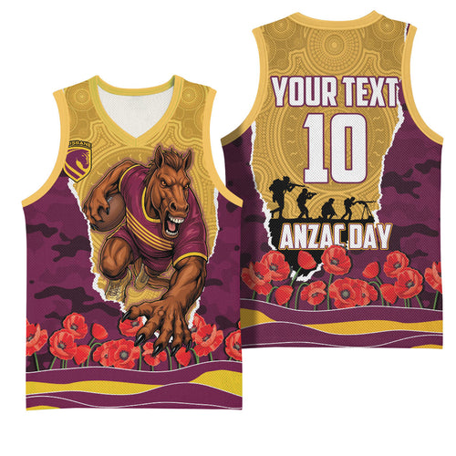 Personalized Brisbane Broncos ANZAC Tribute Basketball Jersey Poppy Field Soldier Silhouette Aboriginal Rugby Mascot