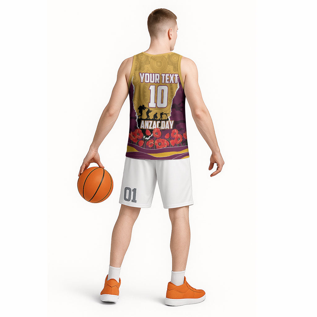 Personalized Brisbane Broncos ANZAC Tribute Basketball Jersey Poppy Field Soldier Silhouette Aboriginal Rugby Mascot