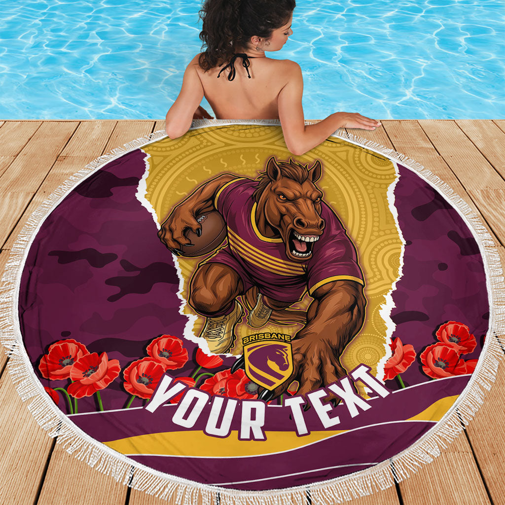 Personalized Brisbane Broncos ANZAC Tribute Beach Blanket Poppy Field Soldier Silhouette Aboriginal Rugby Mascot