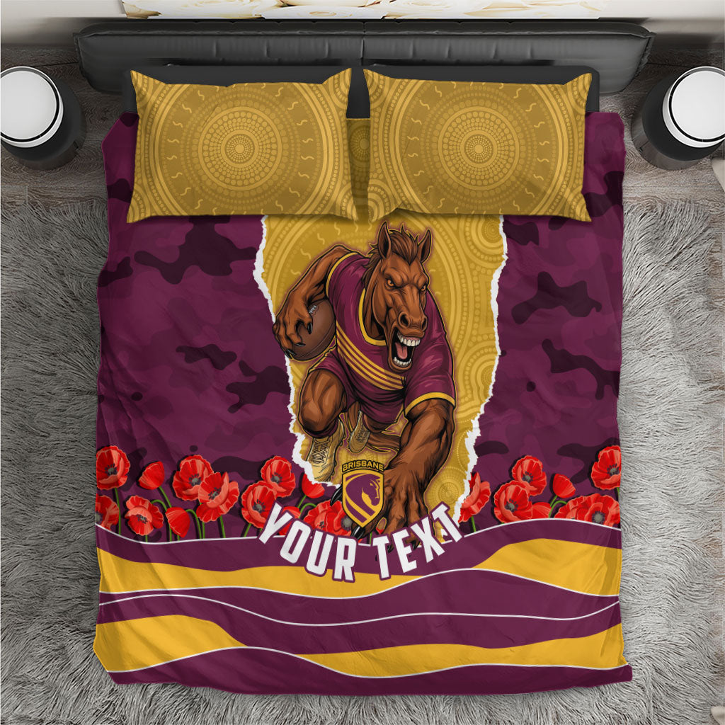 Personalized Brisbane Broncos ANZAC Tribute Bedding Set Poppy Field Soldier Silhouette Aboriginal Rugby Mascot
