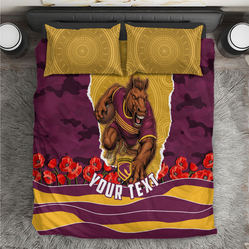 Personalized Brisbane Broncos ANZAC Tribute Bedding Set Poppy Field Soldier Silhouette Aboriginal Rugby Mascot
