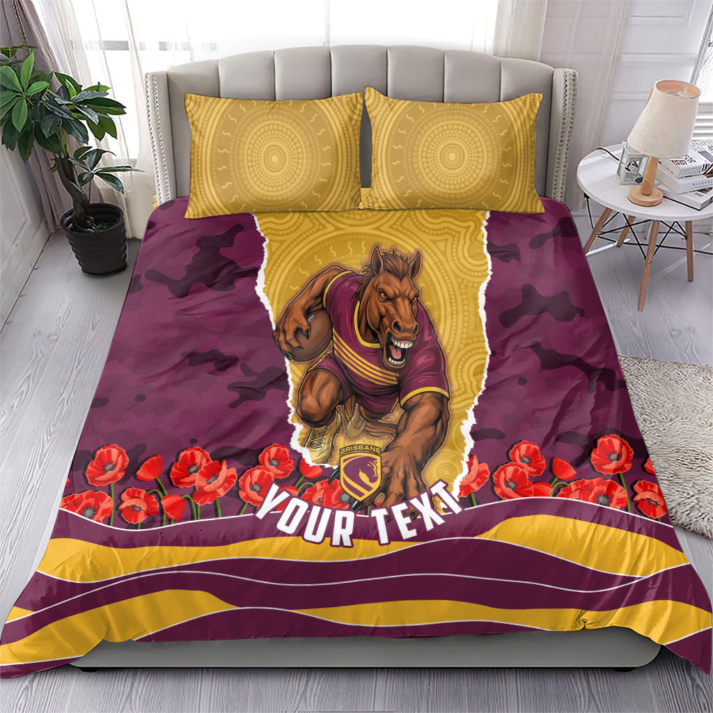 Personalized Brisbane Broncos ANZAC Tribute Bedding Set Poppy Field Soldier Silhouette Aboriginal Rugby Mascot
