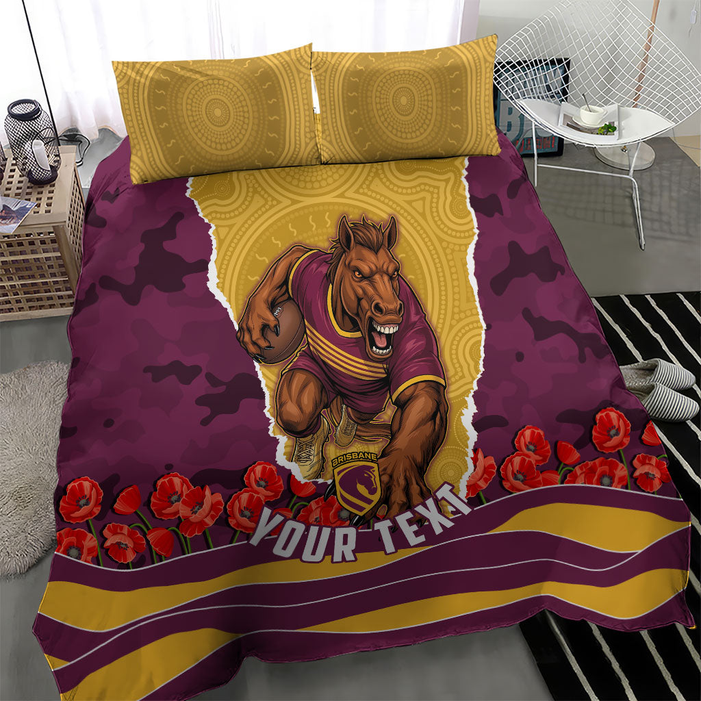 Personalized Brisbane Broncos ANZAC Tribute Bedding Set Poppy Field Soldier Silhouette Aboriginal Rugby Mascot