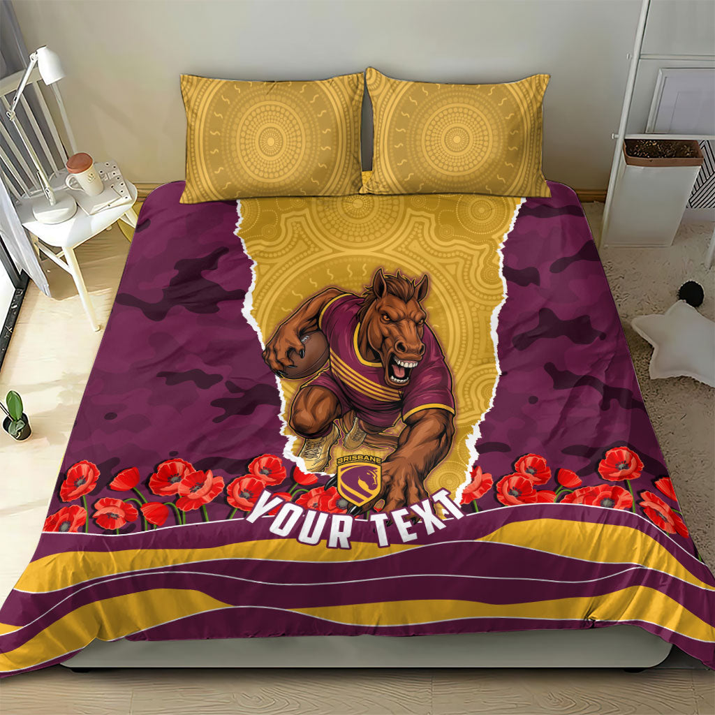 Personalized Brisbane Broncos ANZAC Tribute Bedding Set Poppy Field Soldier Silhouette Aboriginal Rugby Mascot