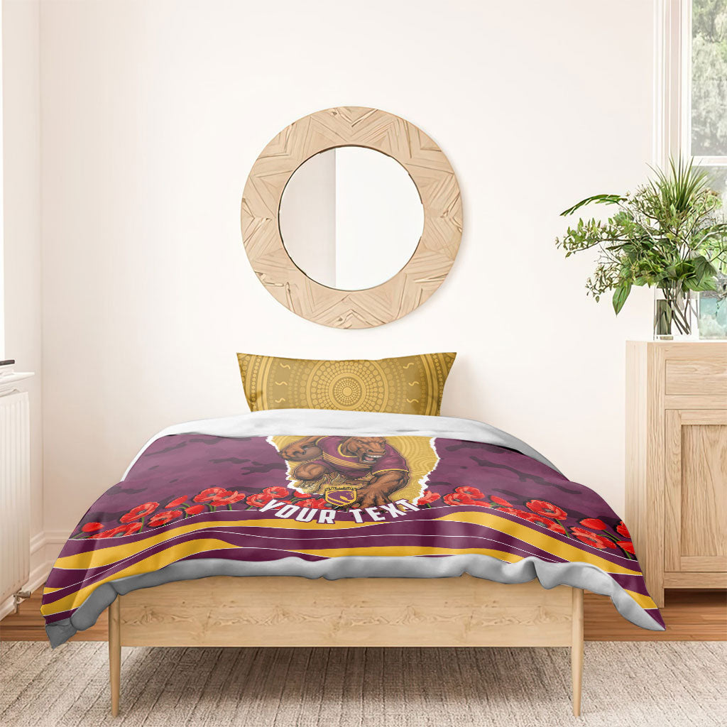 Personalized Brisbane Broncos ANZAC Tribute Bedding Set Poppy Field Soldier Silhouette Aboriginal Rugby Mascot