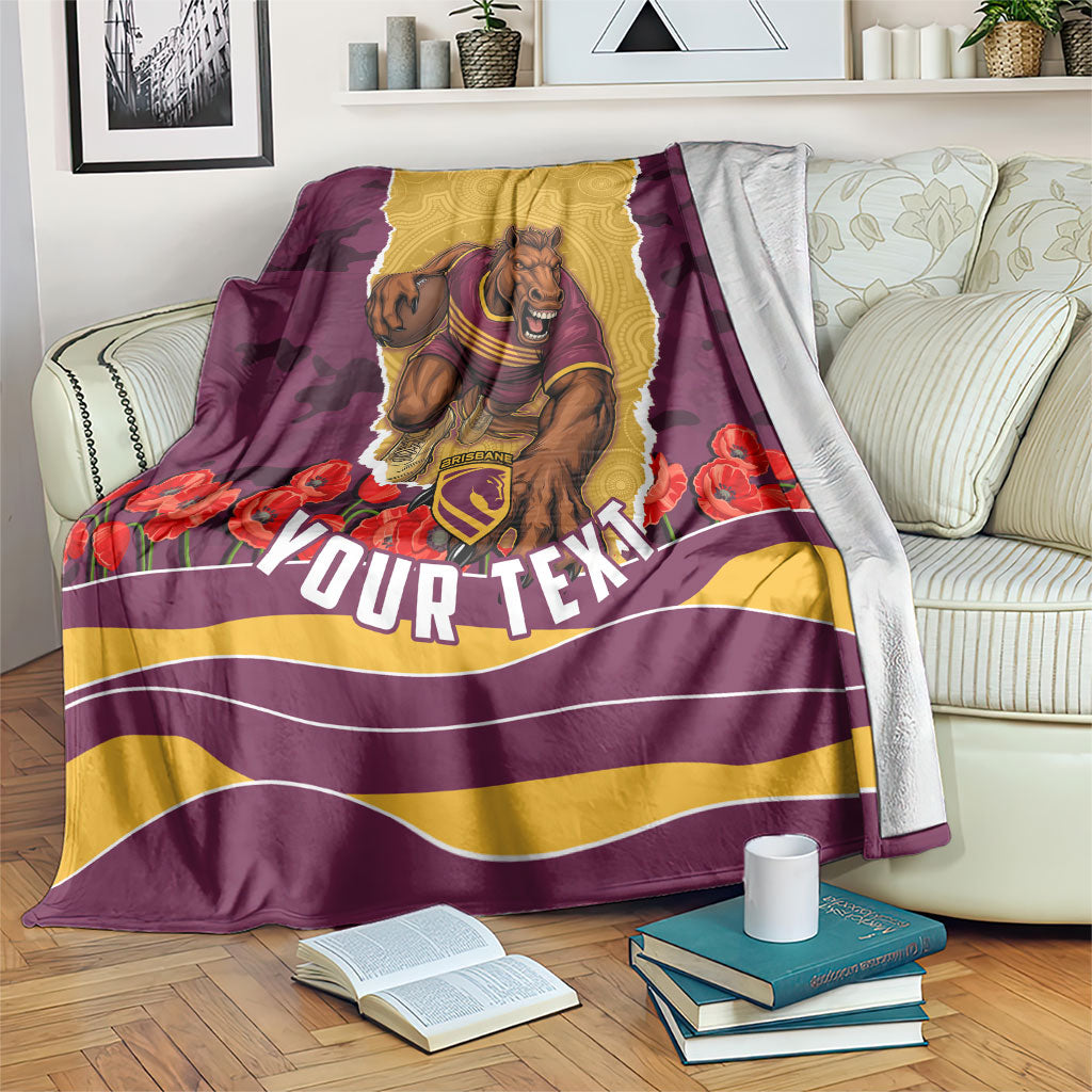 Personalized Brisbane Broncos ANZAC Tribute Blanket Poppy Field Soldier Silhouette Aboriginal Rugby Mascot