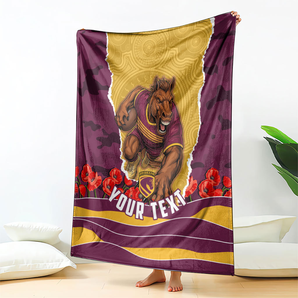 Personalized Brisbane Broncos ANZAC Tribute Blanket Poppy Field Soldier Silhouette Aboriginal Rugby Mascot