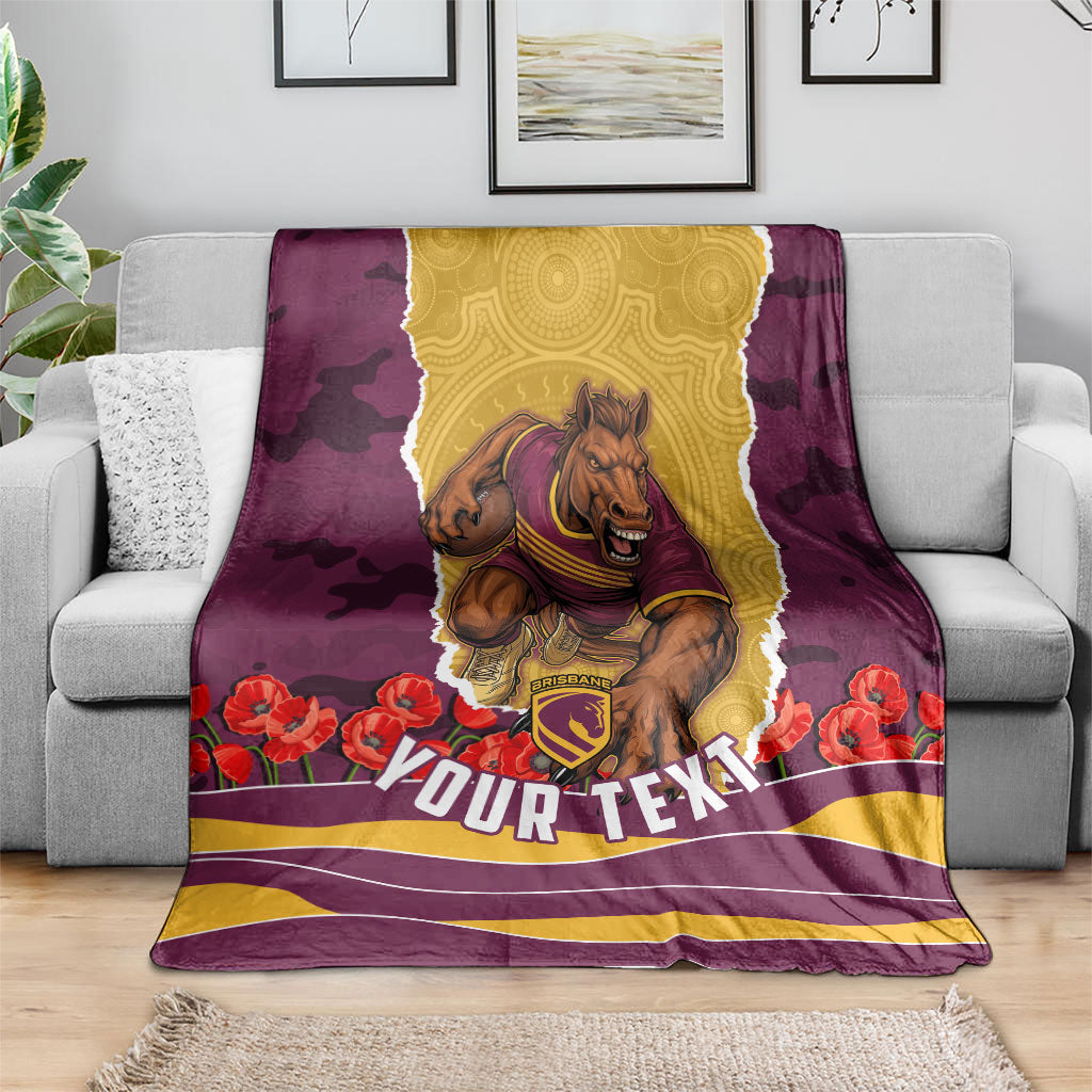 Personalized Brisbane Broncos ANZAC Tribute Blanket Poppy Field Soldier Silhouette Aboriginal Rugby Mascot