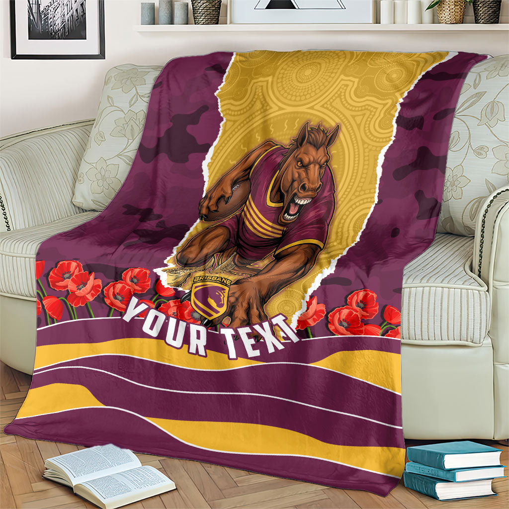 Personalized Brisbane Broncos ANZAC Tribute Blanket Poppy Field Soldier Silhouette Aboriginal Rugby Mascot