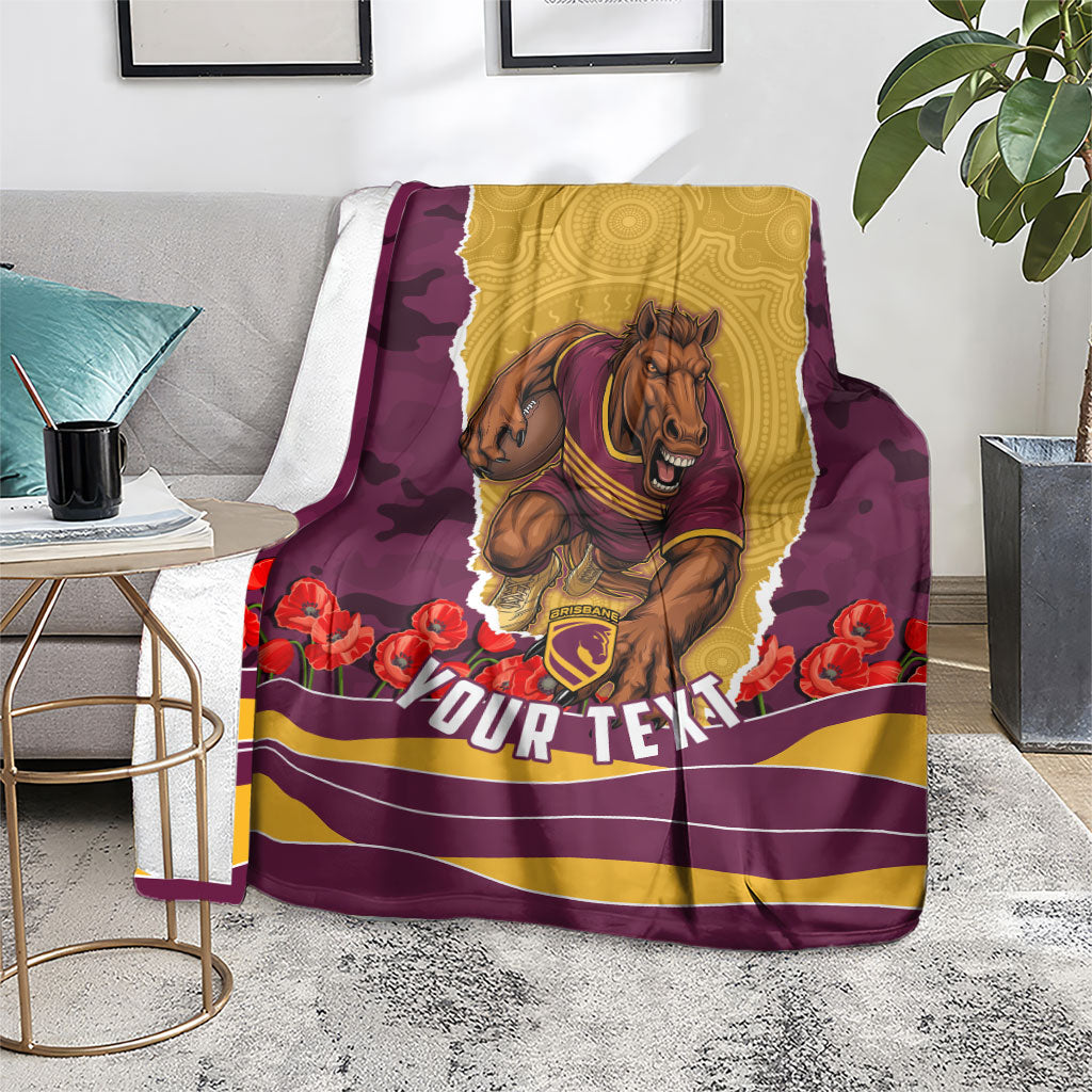 Personalized Brisbane Broncos ANZAC Tribute Blanket Poppy Field Soldier Silhouette Aboriginal Rugby Mascot